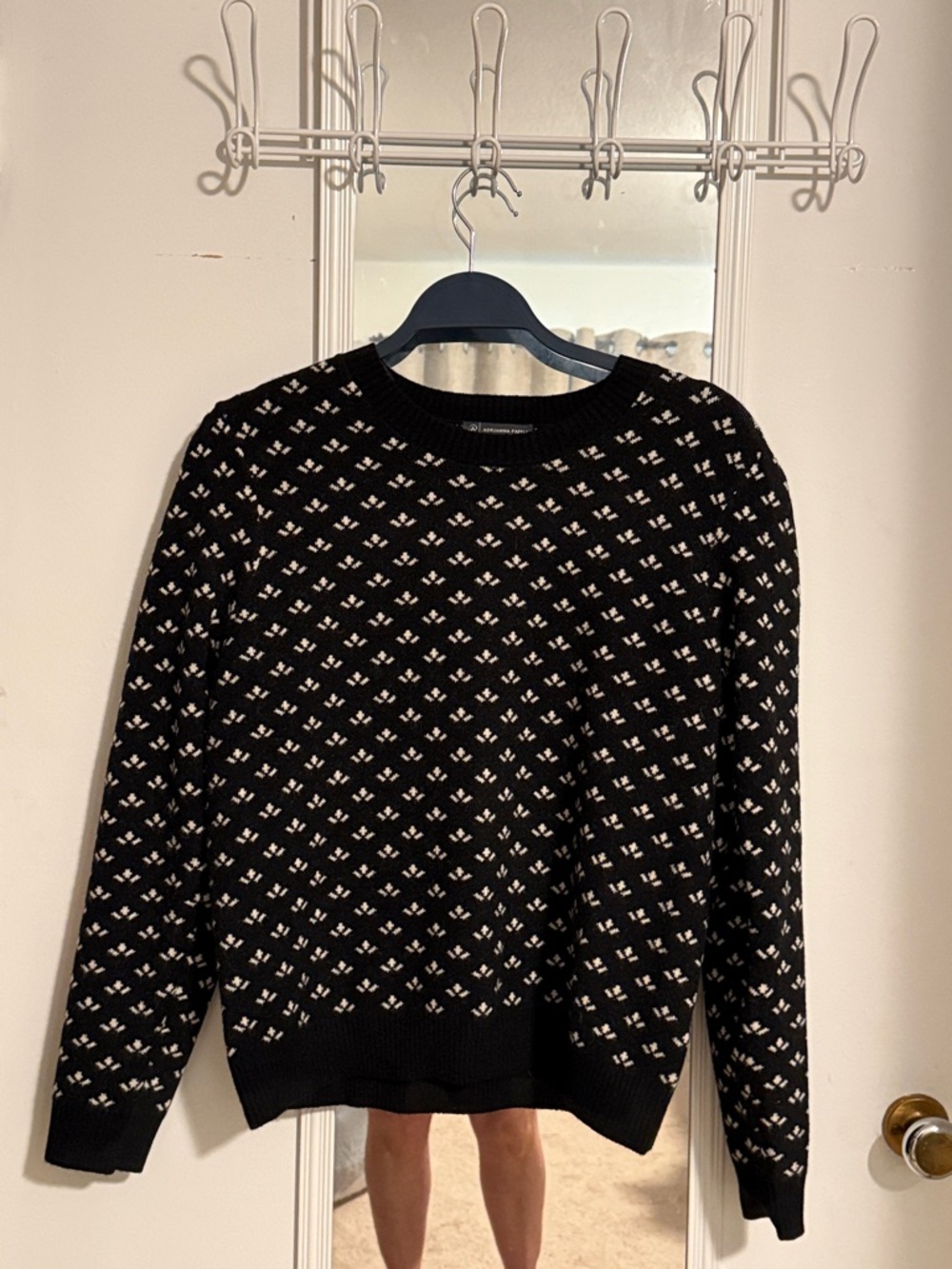 Adrianna Papell Black and Cream Patterned Crewneck Sweater